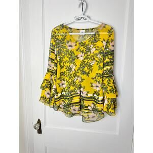 Cabi Women's Floral Flowy Yellow Bell Sleeve Long Sleeve Blouse Size Small